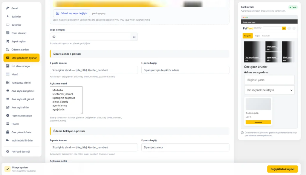 PW Store mail ayarları